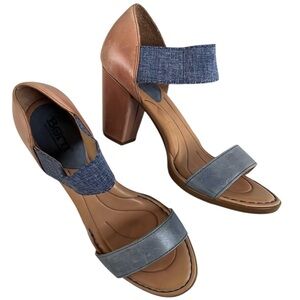 Born Tan and Blue Block Heel Sandals Size 7